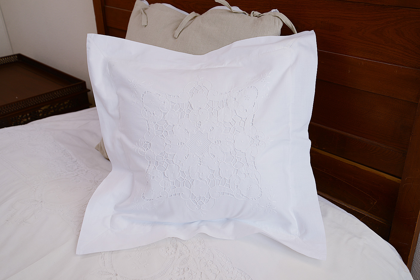 victorian hand embroidered cotton pillow sham, 18" x 18" square.
